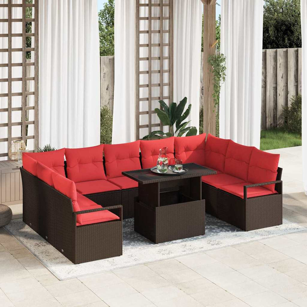 vidaXL Ensemble de canapés de jardin avec rangement 10 pcs marron et rouge résine tressée