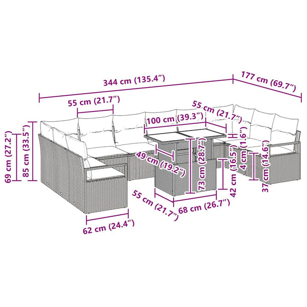 Poly Rattan Gartensofa Set mit Kissen, 11-teilig