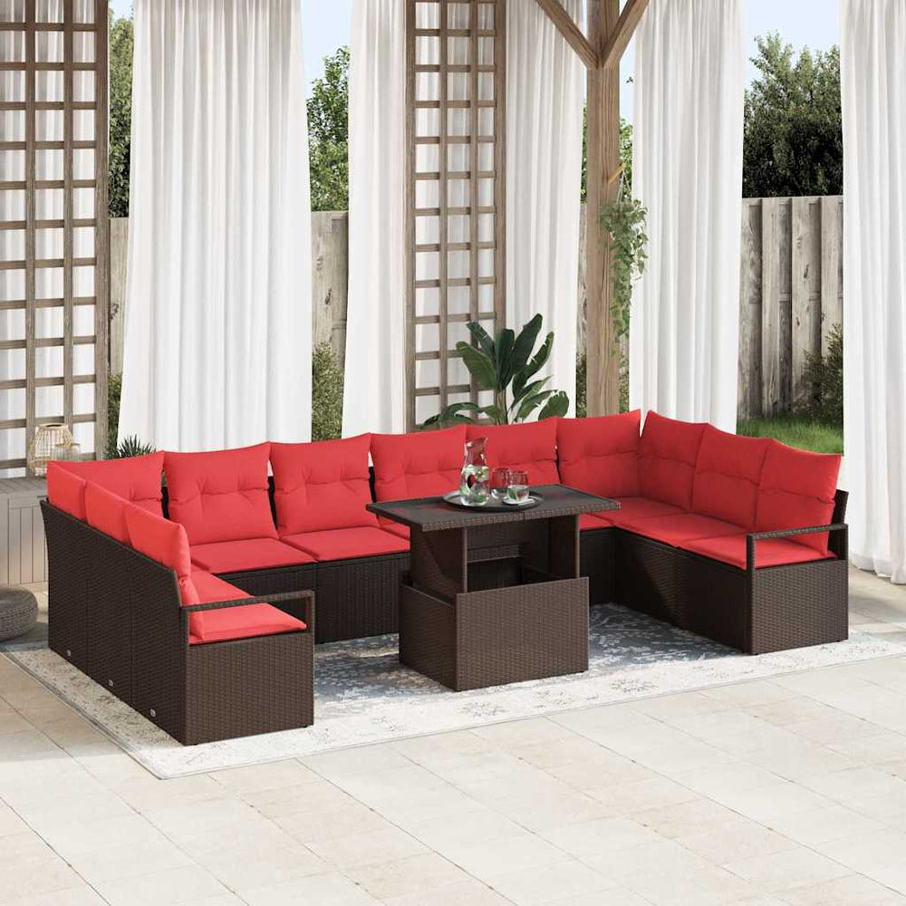 vidaXL Salon de jardin avec coussins 11 pcs Marron et Rouge Résine tressée