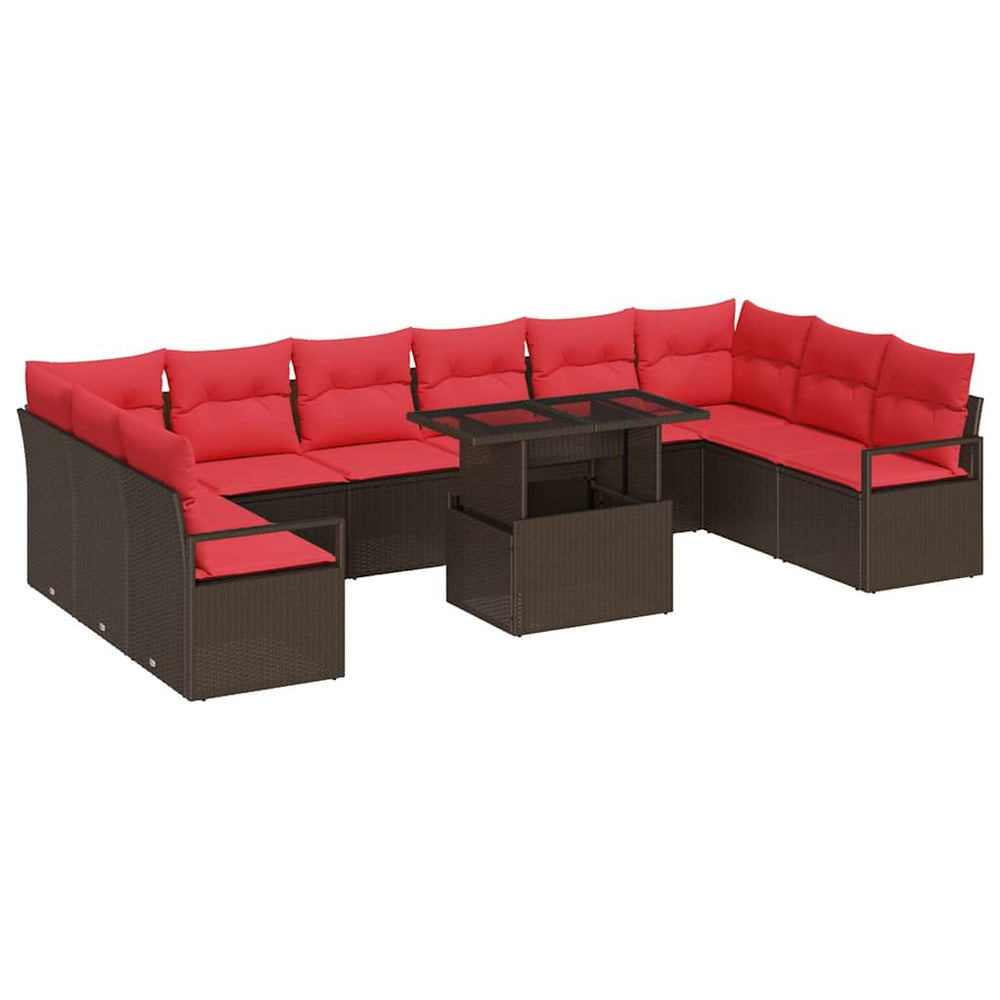vidaXL Salon de jardin avec coussins 11 pcs Marron et Rouge Résine tressée