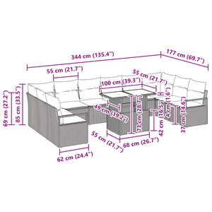 Poly-Rattan Gartensofa-Set mit Kissen, Braun/Rot, 11-teilig
