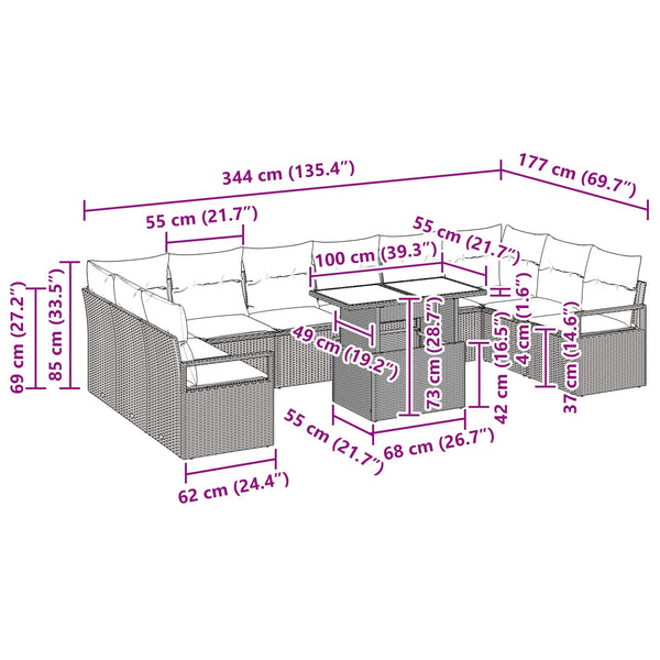 Poly-Rattan Gartensofa-Set mit Kissen, Braun/Rot, 11-teilig