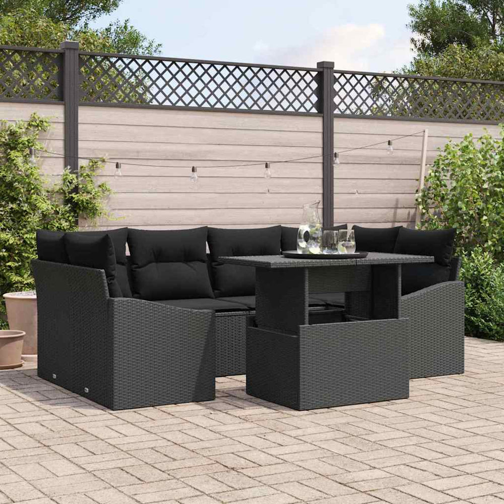 vidaXL Garden Sofa Set with Cushions 7 pcs Black Poly Rattan