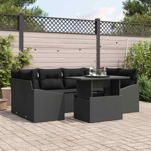 Garten Sofa Set Schwarz Poly Rattan 7-teilig