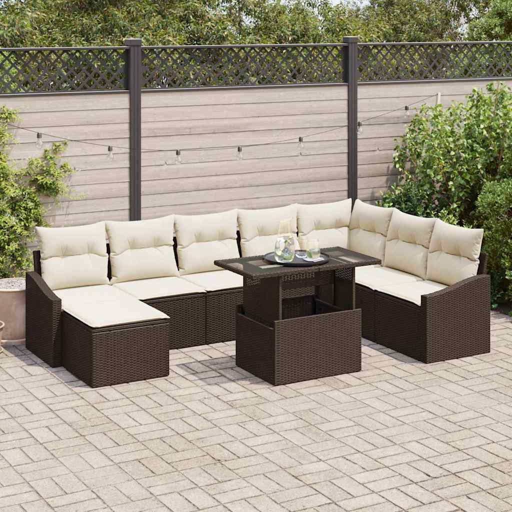 vidaXL Salon de jardin avec coussins 9 pcs Marron et Crème Résine tressée
