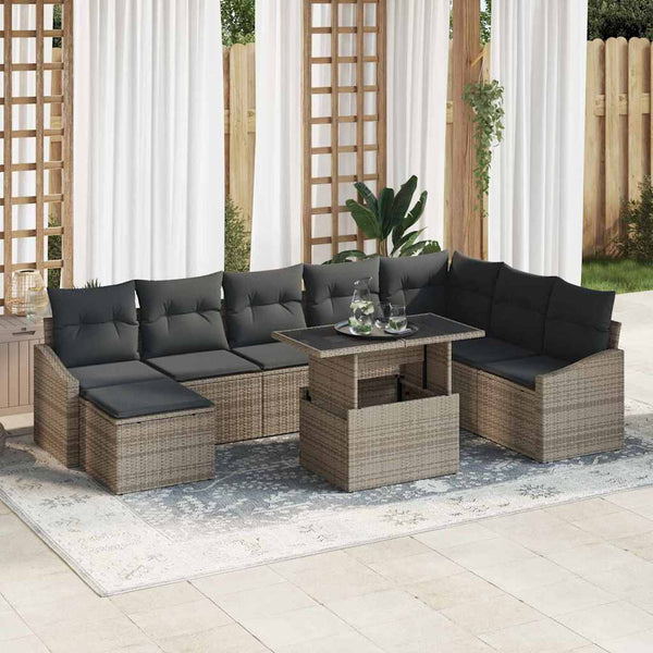 vidaXL Salon de jardin avec coussins et rangement 9 pcs Gris Résine tressée