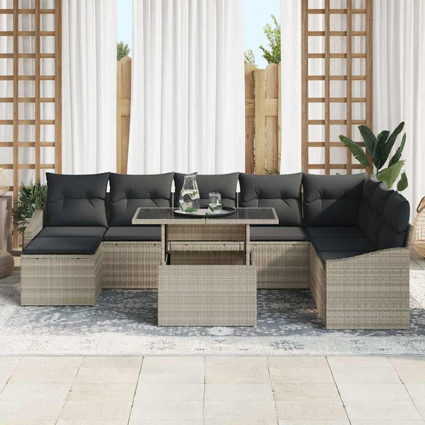 Sofa Set mit Kissen Hellgrau Poly-Rattan 9-teilig