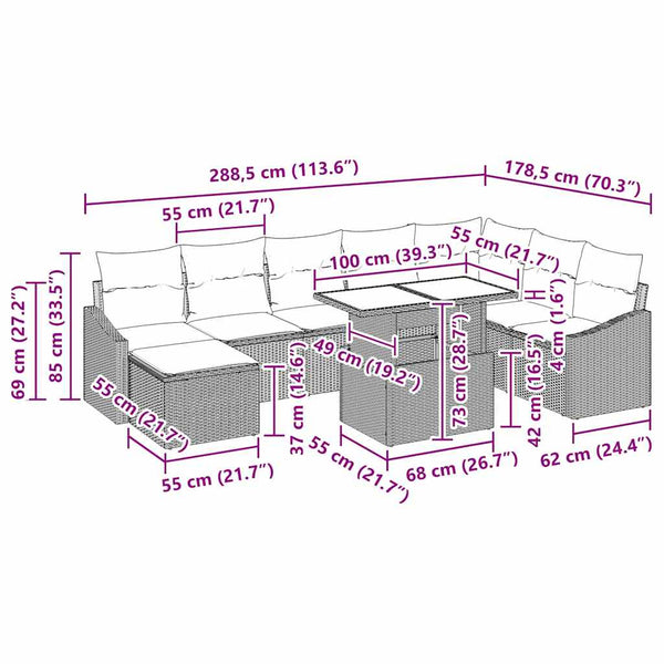 Sofa Set mit Kissen Hellgrau Poly-Rattan 9-teilig