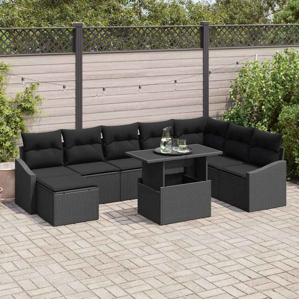 vidaXL Salon de jardin avec coussins avec rangement 9 pcs Résine tressée noire