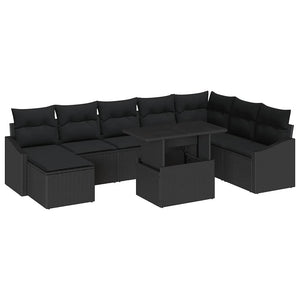 vidaXL Salon de jardin avec coussins avec rangement 9 pcs Résine tressée noire