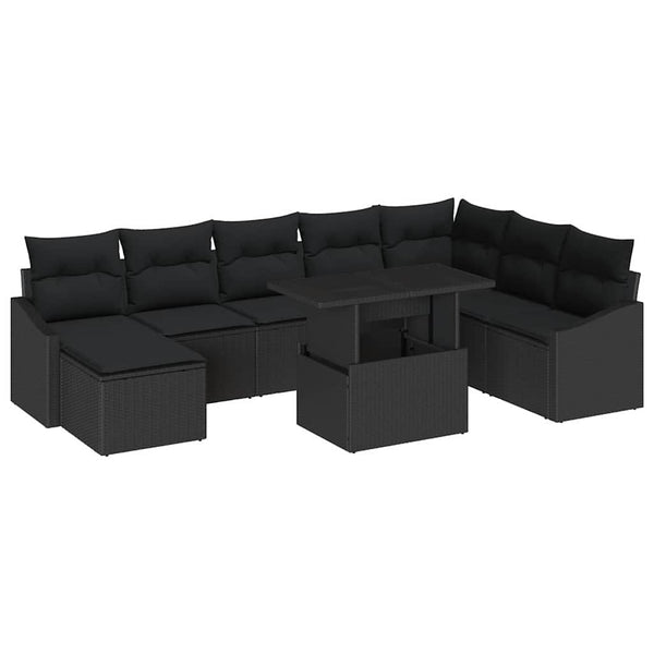 vidaXL Salon de jardin avec coussins avec rangement 9 pcs Résine tressée noire