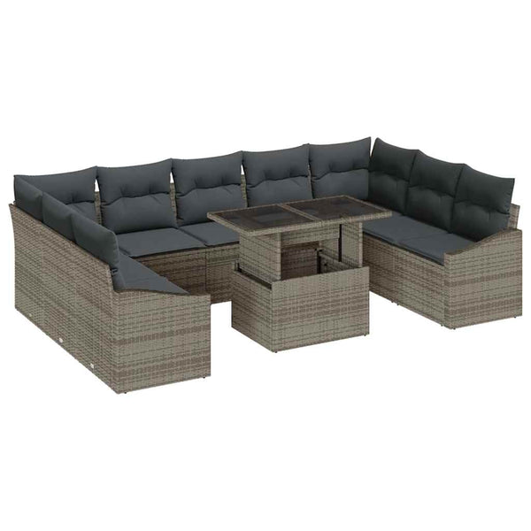 Graues Poly-Rattan Sofa Set mit Kissen, 10-teilig