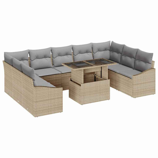 Poly Rattan Sofa Set Beige/Hellgrau mit Kissen