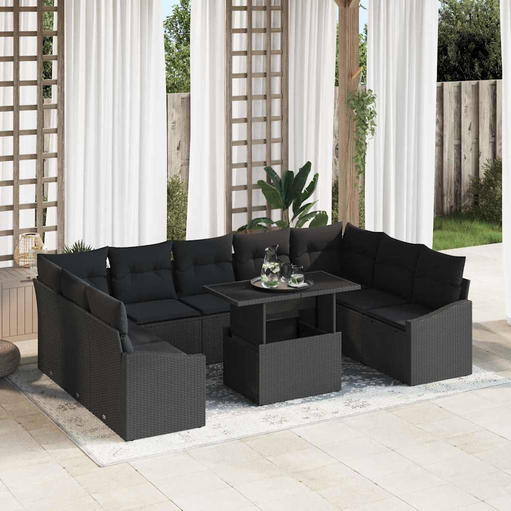 Schwarzes Poly-Rattan Sofa Set mit Kissen - 10-teilig