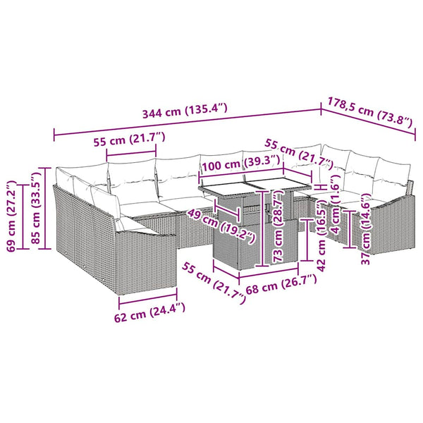 Graues Poly-Rattan Sofa Set mit Kissen, 11-teilig