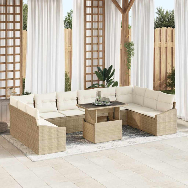 Poly Rattan Sofa Set Beige/Creme mit Kissen, 11-teilig
