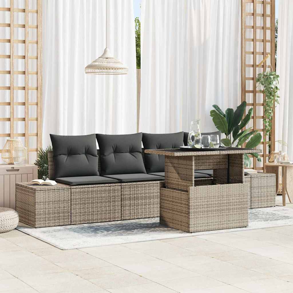 Graues Poly-Rattan Sofa Set mit Kissen, 5-teilig