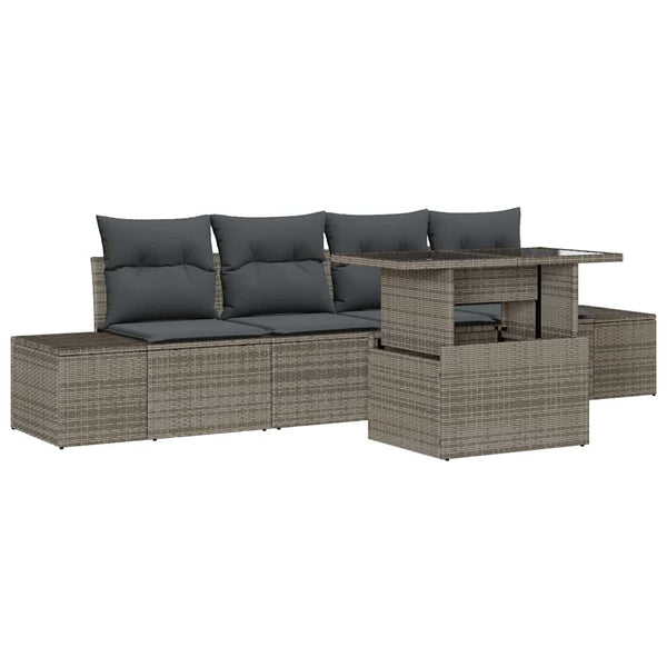 Graues Poly-Rattan Sofa Set mit Kissen, 5-teilig