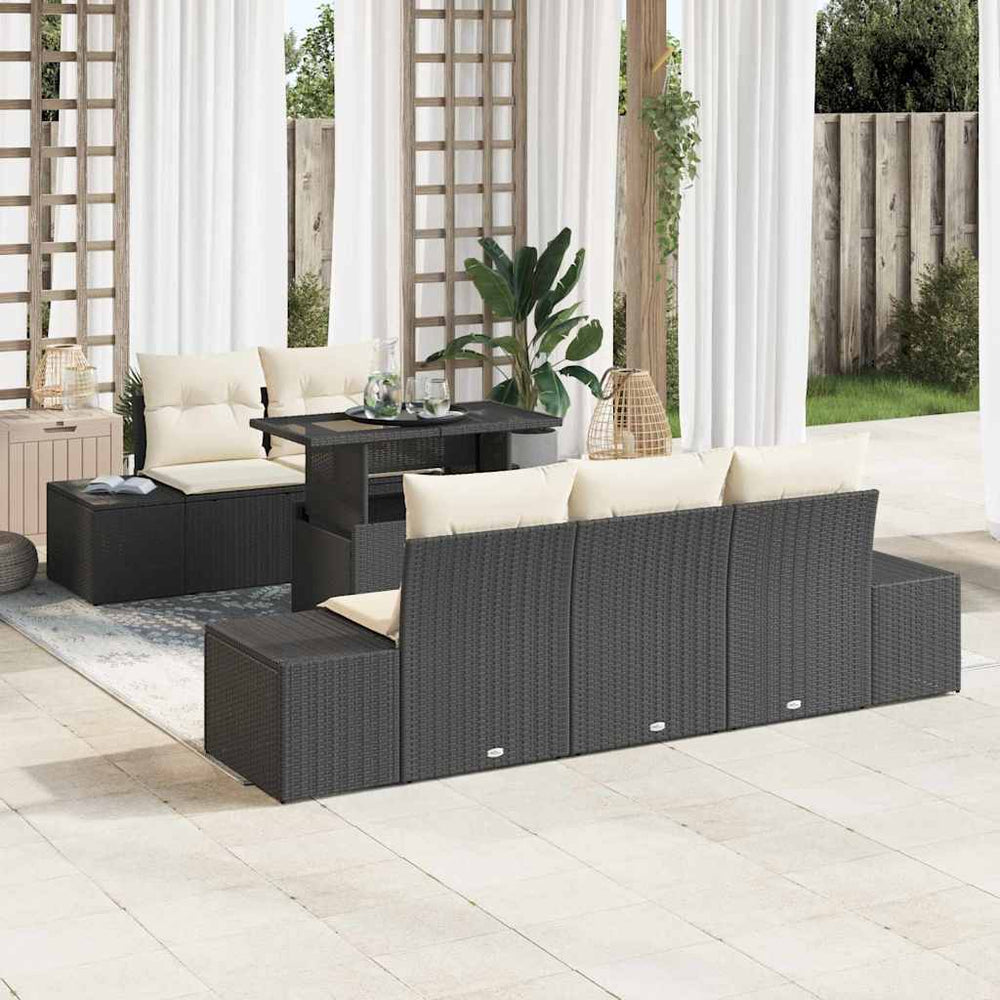 vidaXL 6-Piece Black and Cream Poly Rattan Sofa Set with Cushions