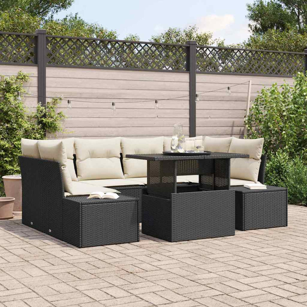 Poly-Rattan Sofa Set Schwarz & Creme 7-teilig