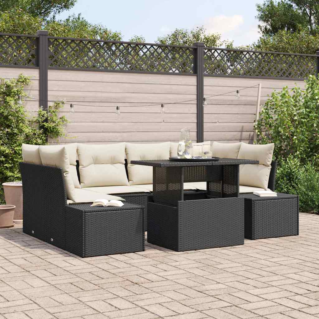 vidaXL Salon de jardin avec coussins 7 pcs Noir et crème Résine tressée