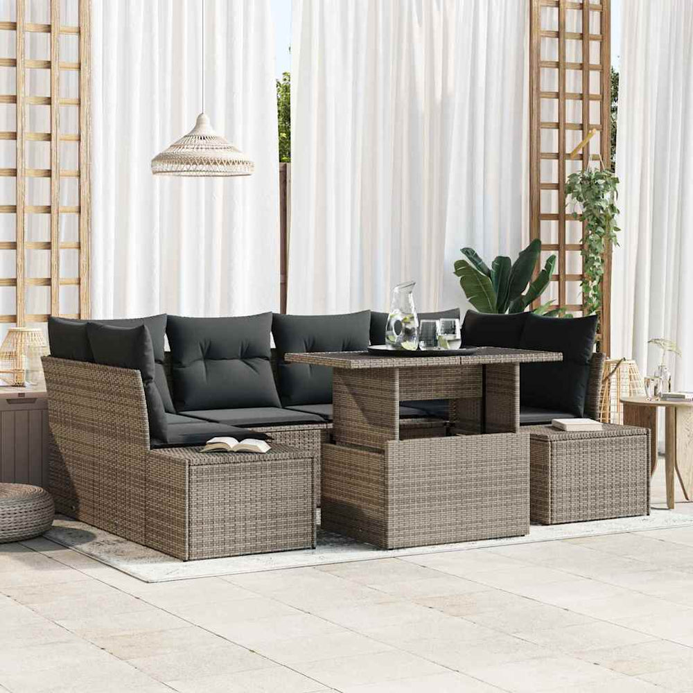 Graues Poly-Rattan Sofa Set mit Kissen, 7-teilig
