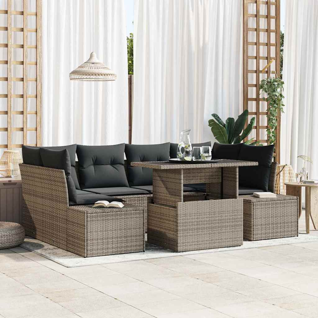 Graues Poly-Rattan Sofa Set mit Kissen, 7-teilig