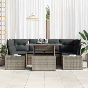 Graues Poly-Rattan Sofa Set mit Kissen, 7-teilig