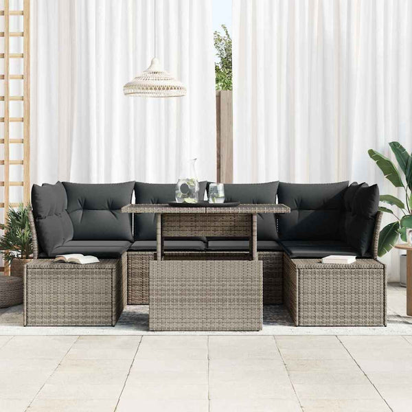 Graues Poly-Rattan Sofa Set mit Kissen, 7-teilig