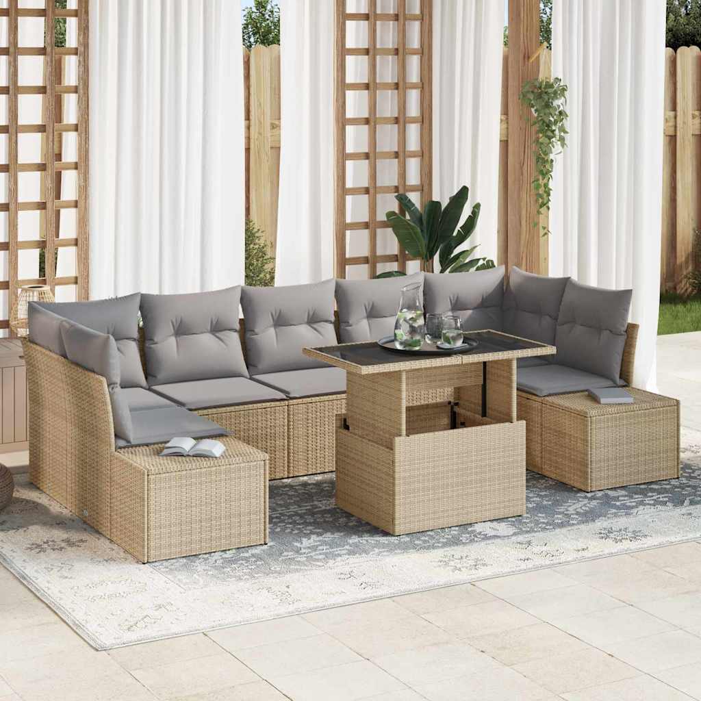 Poly Rattan Sofa Set mit Kissen, Beige/Hellgrau, 8-teilig