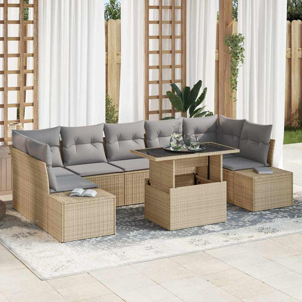Poly Rattan Sofa Set mit Kissen, Beige/Hellgrau, 8-teilig