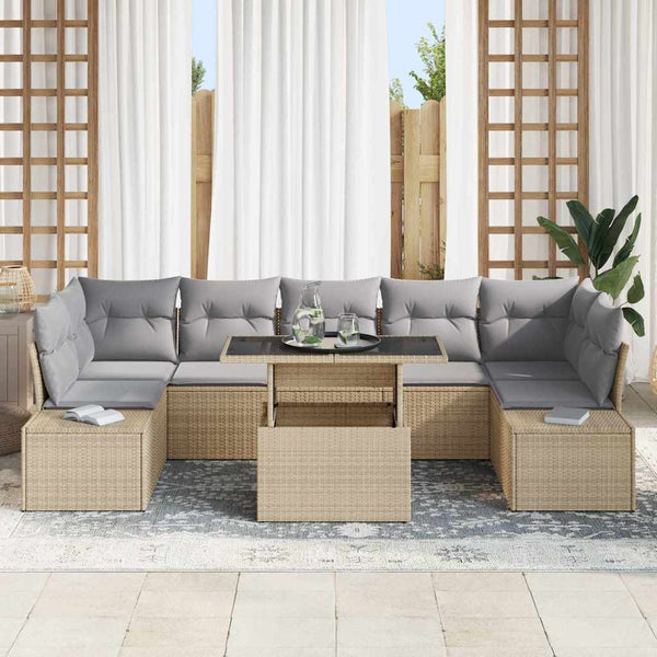 Poly Rattan Sofa Set mit Kissen, Beige/Hellgrau, 8-teilig