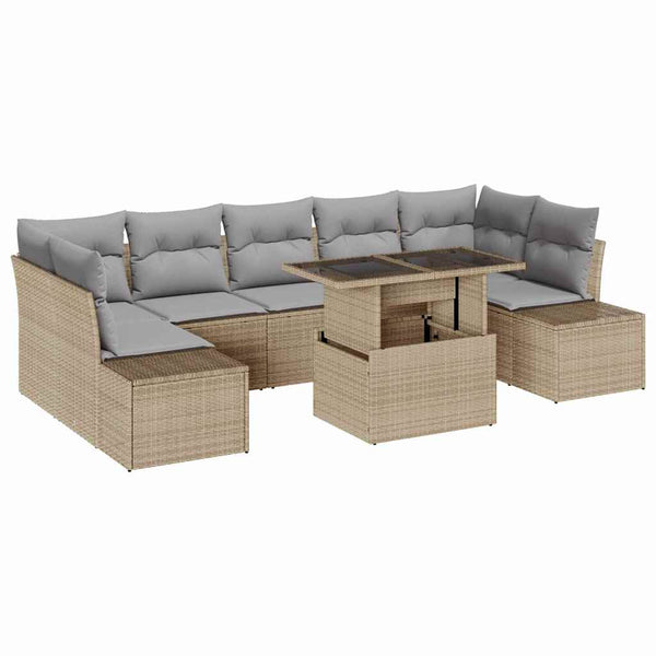 Poly Rattan Sofa Set mit Kissen, Beige/Hellgrau, 8-teilig