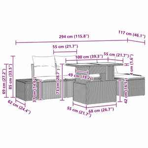Gartensofa Set Hellgrau Poly-Rattan 6-teilig