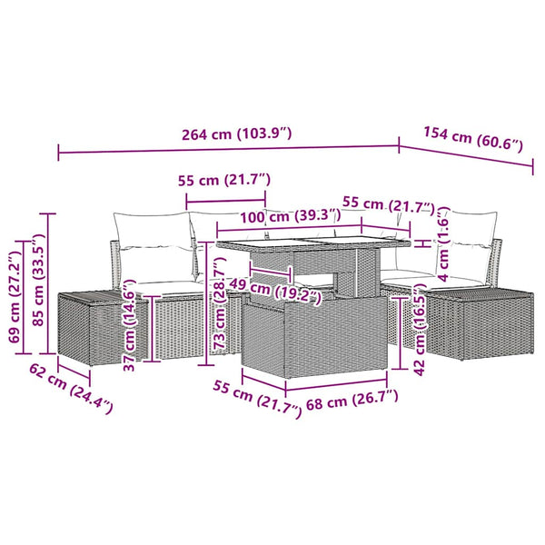 Garten Sofa Set Braun Poly Rattan 6-teilig