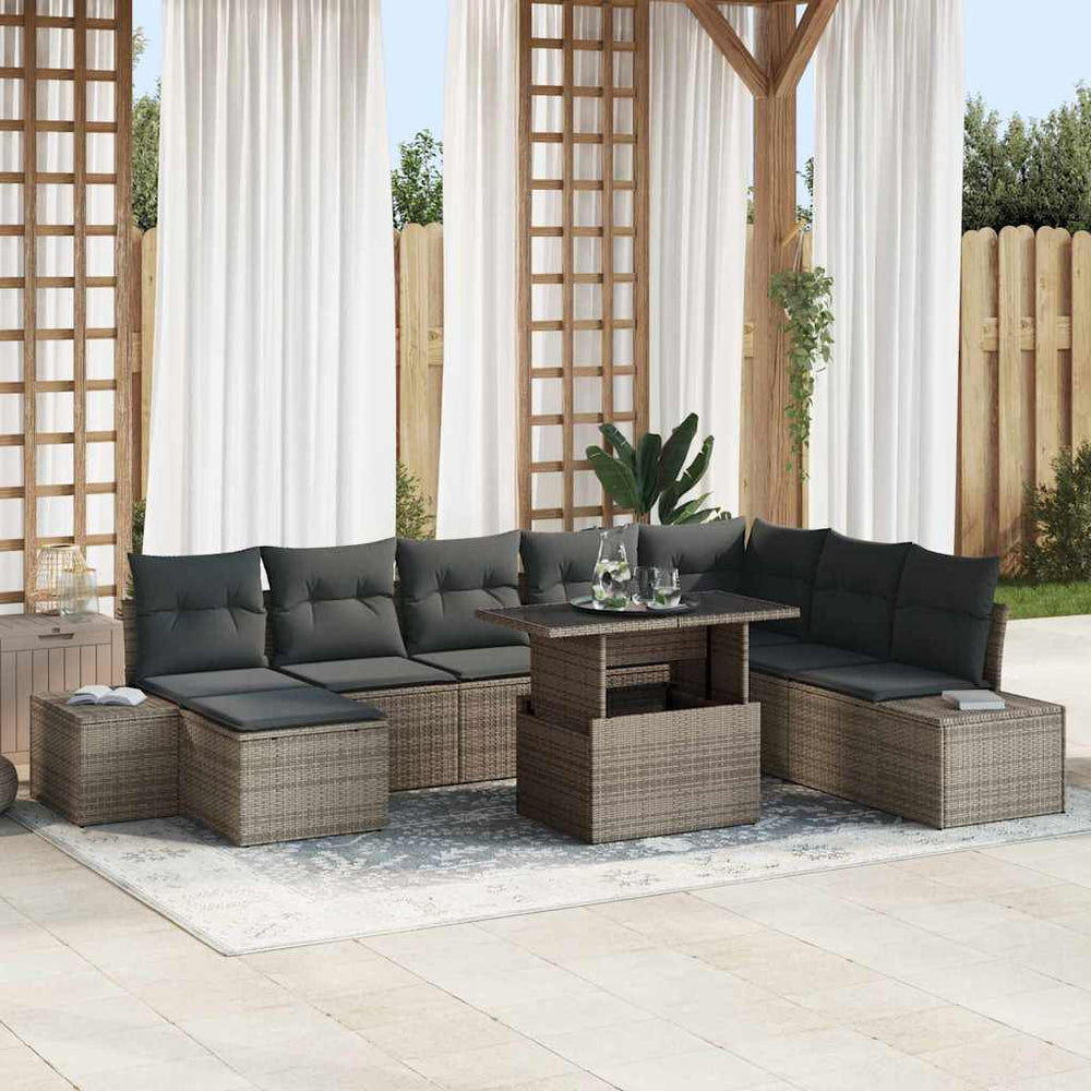 vidaXL Salon de jardin avec coussins et espace de rangement 9 pcs Résine tressée Gris