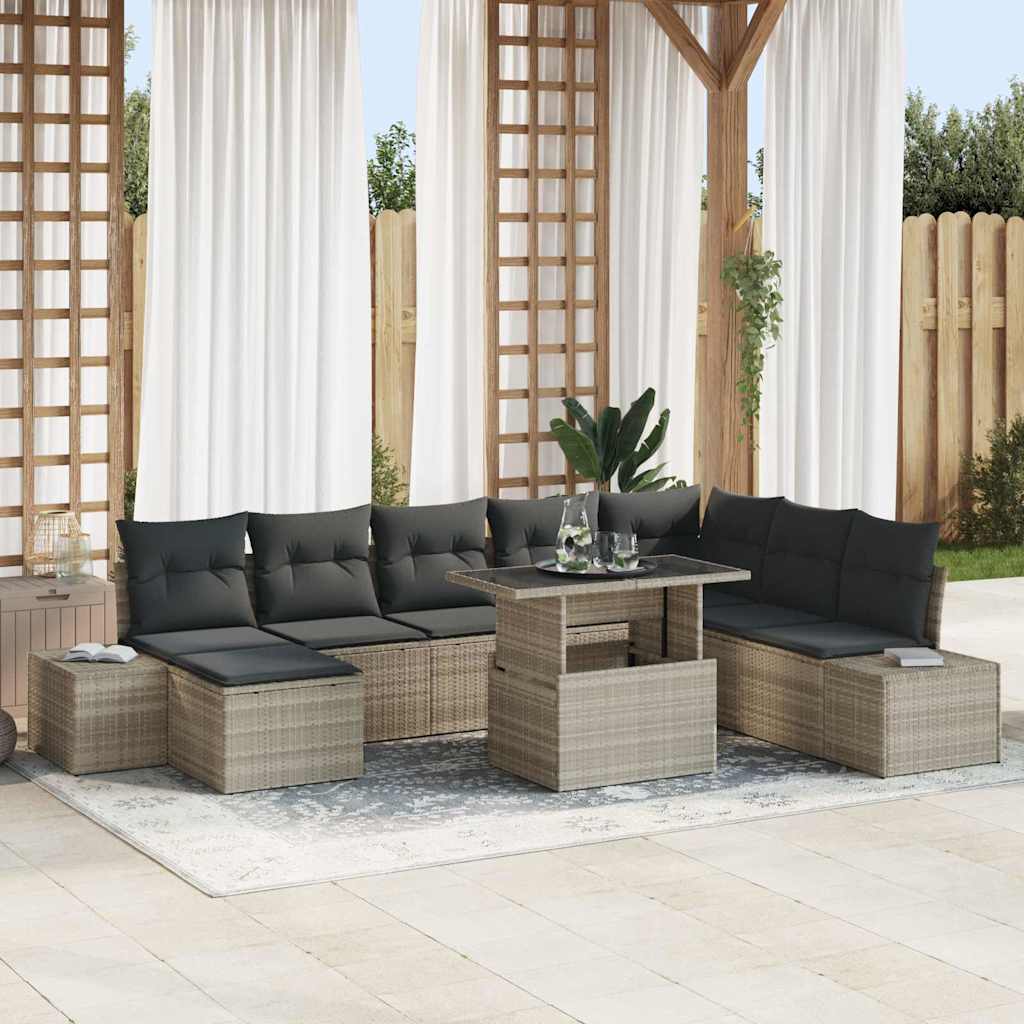 Gartensofa Set Hellgrau Poly-Rattan 9-teilig