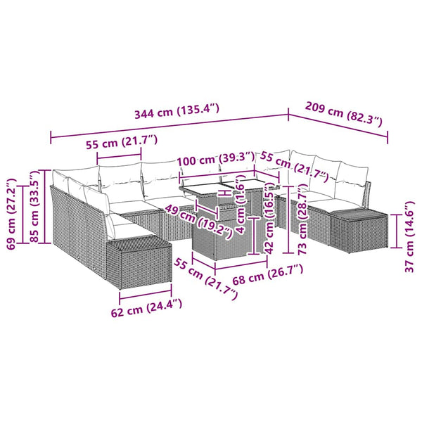 Garten Sofa Set mit Kissen Schwarz 11-teilig