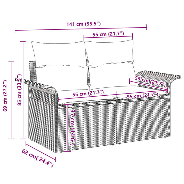 Gartensofa Set 9-teilig Poly-Rattan Schwarz Creme