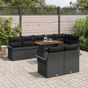 Schwarzes Poly-Rattan Gartensofa-Set mit Kissen, 9-teilig