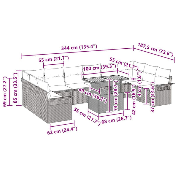 Gartensofa Set Schwarz Creme 11-teilig