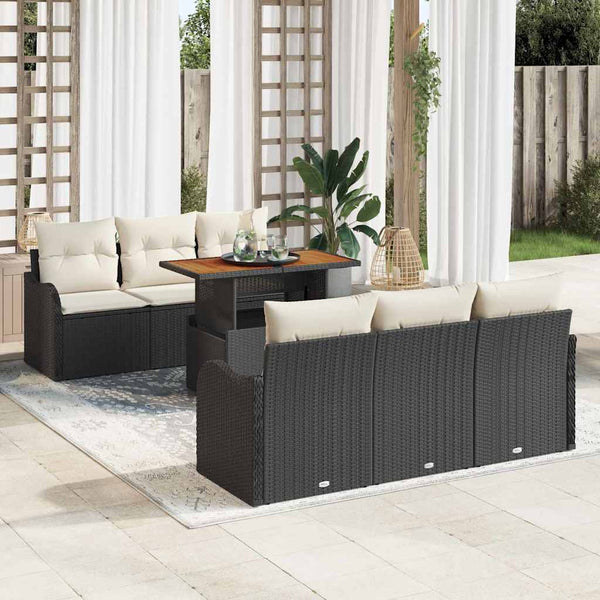 Gartensofa Set 7-teilig Poly-Rattan Schwarz Creme