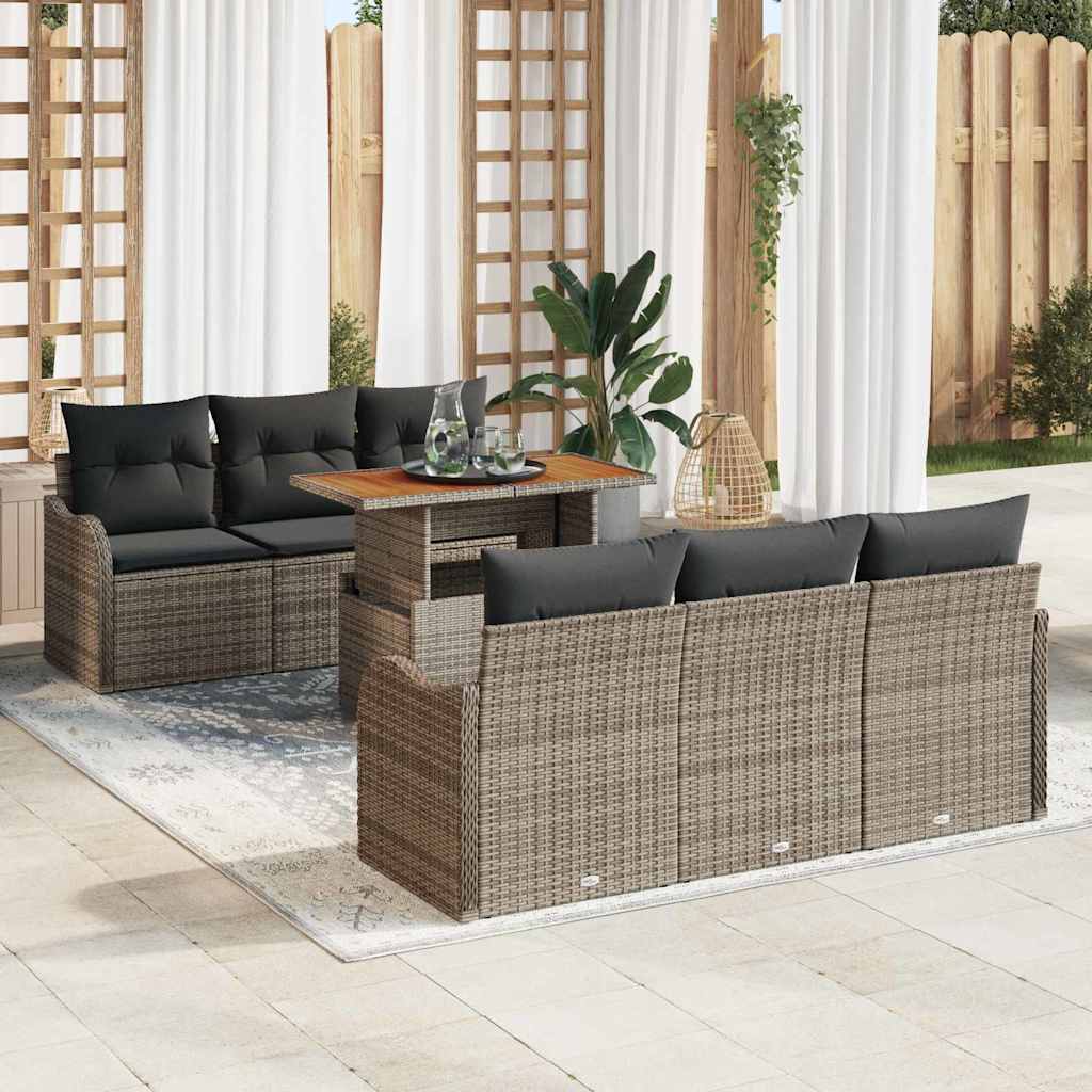Gartensofa Set Grau Poly-Rattan 7-teilig