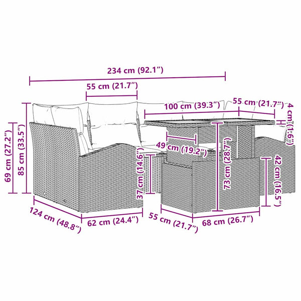Garten-Sofa-Set mit Kissen mit Kopfteil 7 pcs Beige und Creme