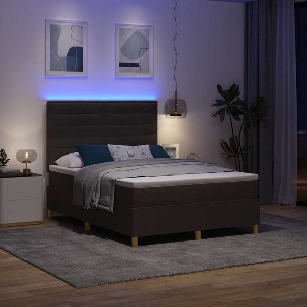 vidaXL Lit boxspring LED avec matelas marron foncé 140 x 190 cm Tissu