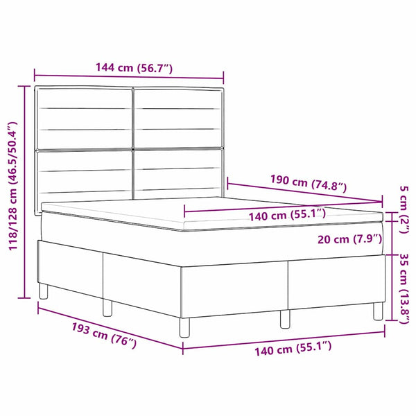vidaXL Lit boxspring LED avec matelas marron foncé 140 x 190 cm Tissu