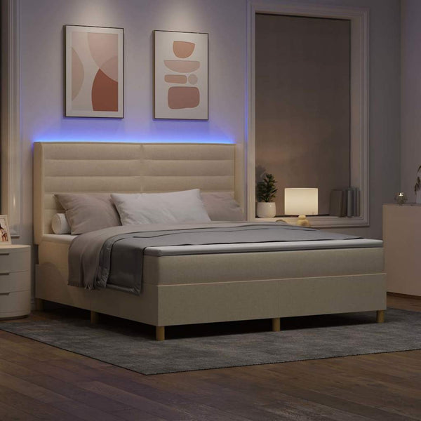 vidaXL Lit coffre à ressorts avec bandes LED Crème 180 x 200 cm Tissu