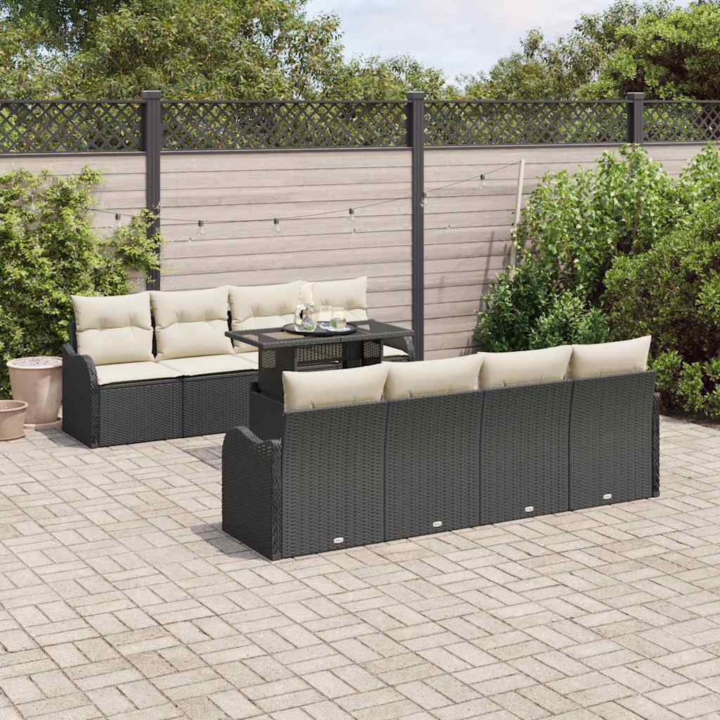 Gartensofa Set Schwarz Poly Rattan mit Kissen 9-teilig