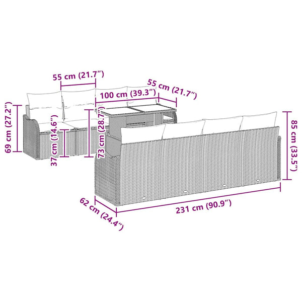 Gartensofa Set Schwarz Poly Rattan mit Kissen 9-teilig