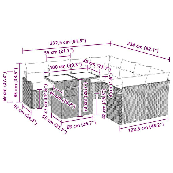Schwarzes Gartensofa-Set mit Kissen, 9-teilig
